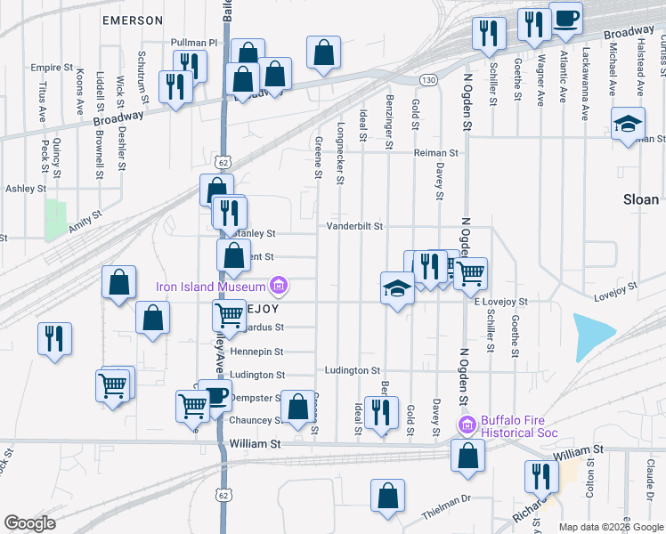 map of restaurants, bars, coffee shops, grocery stores, and more near 227 Longnecker Street in Buffalo
