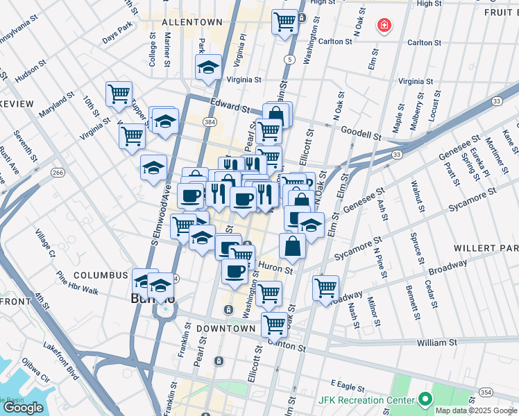 map of restaurants, bars, coffee shops, grocery stores, and more near 622 Main Street in Buffalo