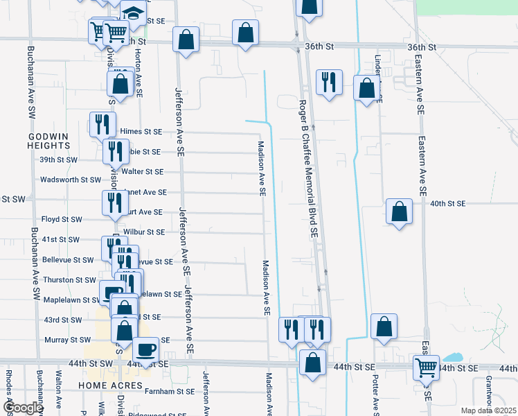 map of restaurants, bars, coffee shops, grocery stores, and more near 4015 Madison Avenue Southeast in Wyoming