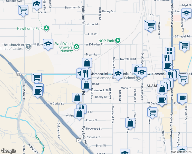 map of restaurants, bars, coffee shops, grocery stores, and more near 760 Dahl Avenue in Pocatello