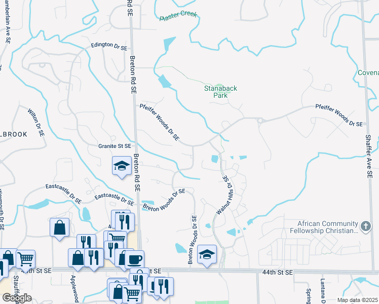 map of restaurants, bars, coffee shops, grocery stores, and more near 2583 English Oak Court in Kentwood