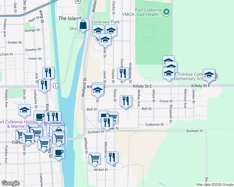 map of restaurants, bars, coffee shops, grocery stores, and more near 457 Davis Street in Port Colborne