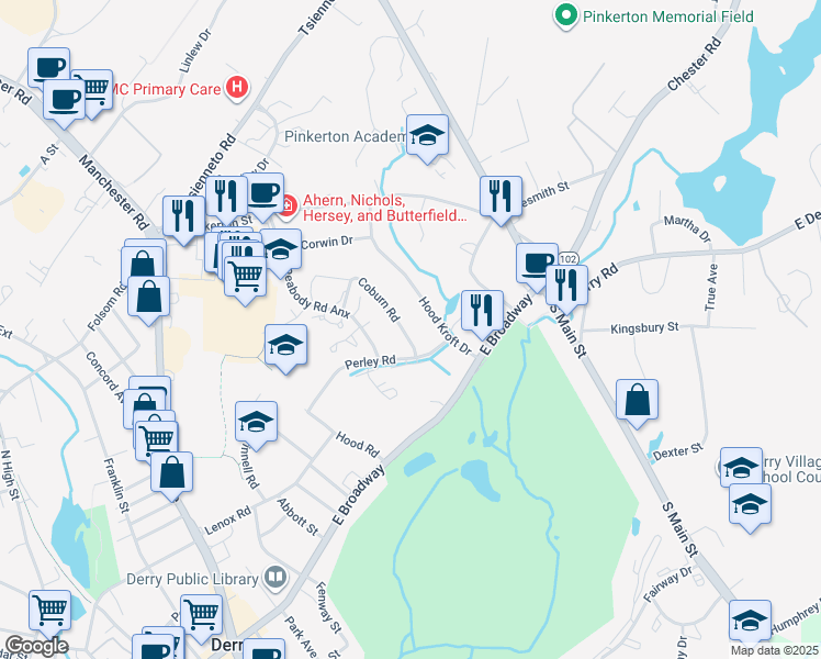 map of restaurants, bars, coffee shops, grocery stores, and more near 3 Coburn Road in Derry