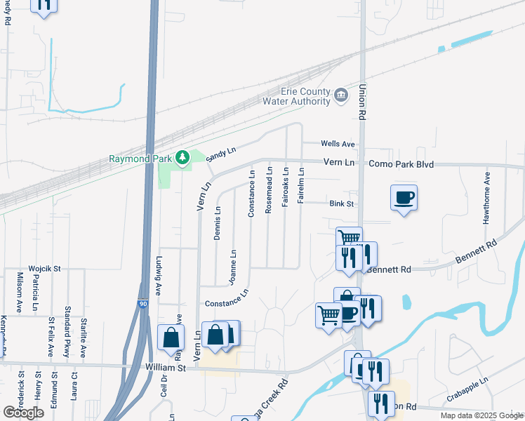 map of restaurants, bars, coffee shops, grocery stores, and more near 49 Rosemead Lane in Buffalo