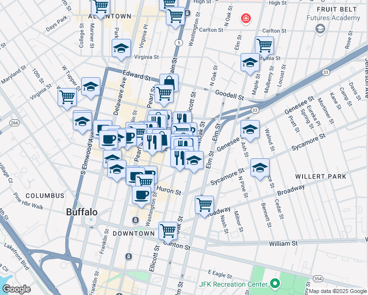 map of restaurants, bars, coffee shops, grocery stores, and more near 465 Ellicott Street in Buffalo