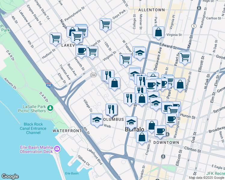 map of restaurants, bars, coffee shops, grocery stores, and more near 231 Niagara Street in Buffalo