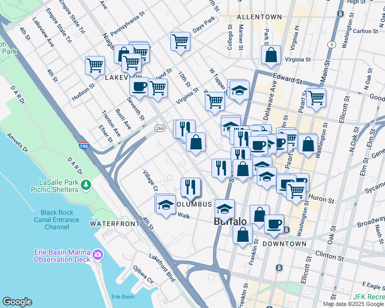 map of restaurants, bars, coffee shops, grocery stores, and more near 231 Niagara Street in Buffalo