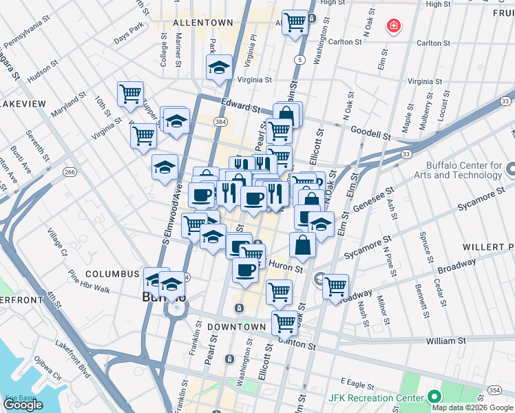 map of restaurants, bars, coffee shops, grocery stores, and more near 622 Main Street in Buffalo