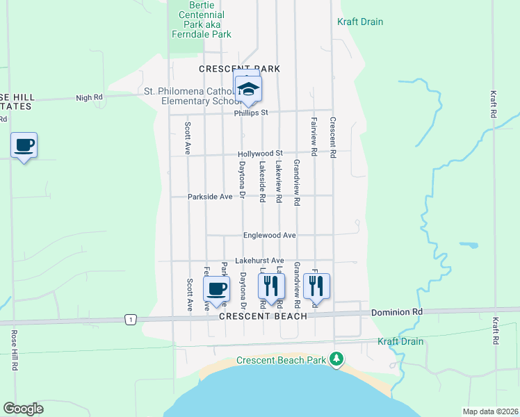 map of restaurants, bars, coffee shops, grocery stores, and more near in Fort Erie