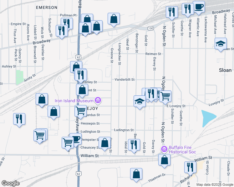 map of restaurants, bars, coffee shops, grocery stores, and more near 227 Longnecker Street in Buffalo