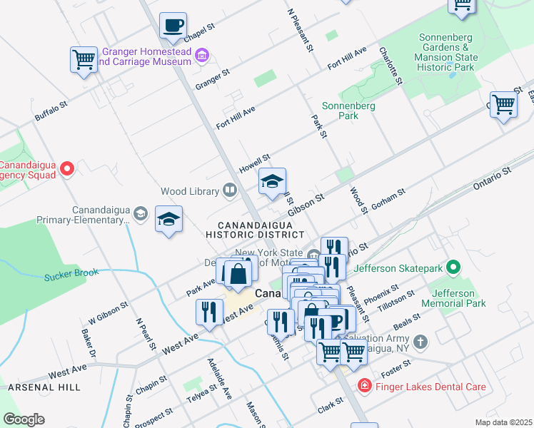 map of restaurants, bars, coffee shops, grocery stores, and more near 95 North Main Street in Canandaigua