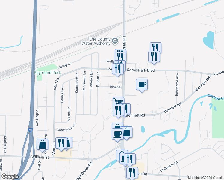 map of restaurants, bars, coffee shops, grocery stores, and more near 6 Bink Street in Buffalo