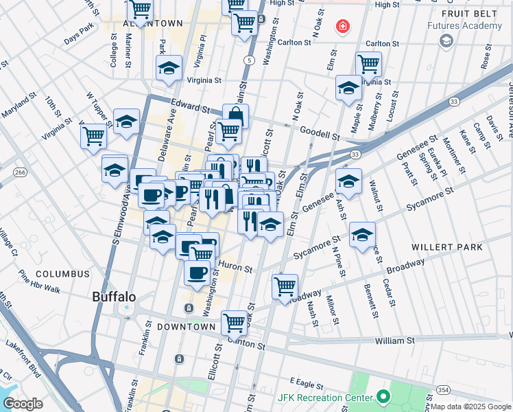 map of restaurants, bars, coffee shops, grocery stores, and more near 465 Ellicott Street in Buffalo