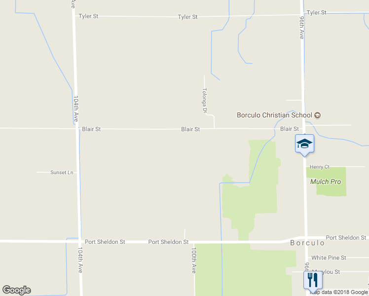map of restaurants, bars, coffee shops, grocery stores, and more near 10022 Blair Street in Zeeland