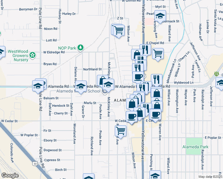 map of restaurants, bars, coffee shops, grocery stores, and more near 892 McKinley Avenue in Pocatello