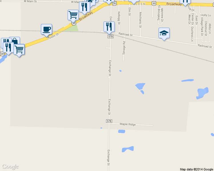 map of restaurants, bars, coffee shops, grocery stores, and more near 1084 Exchange Street in Alden