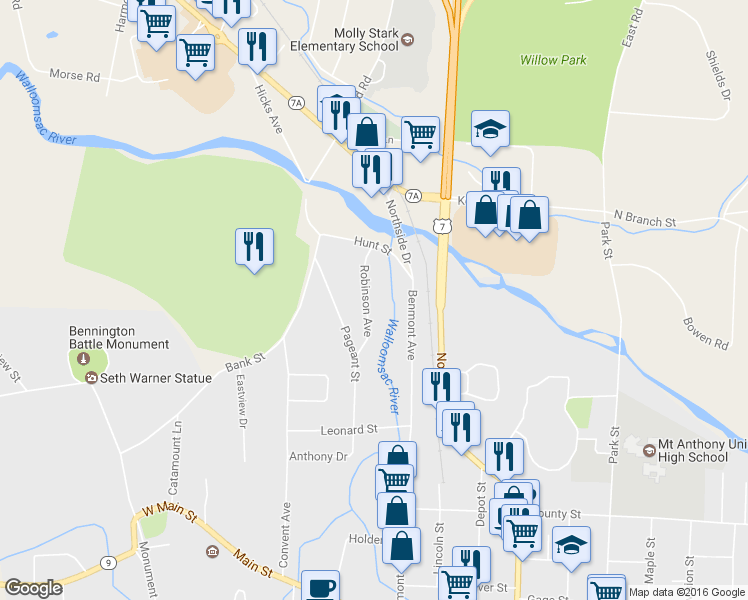map of restaurants, bars, coffee shops, grocery stores, and more near 16 Robinson Avenue in Bennington