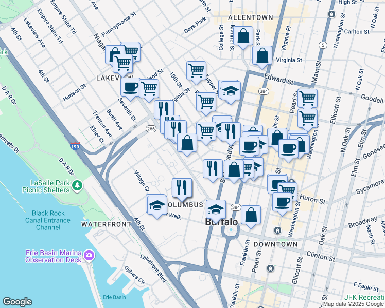 map of restaurants, bars, coffee shops, grocery stores, and more near 231 Niagara Street in Buffalo