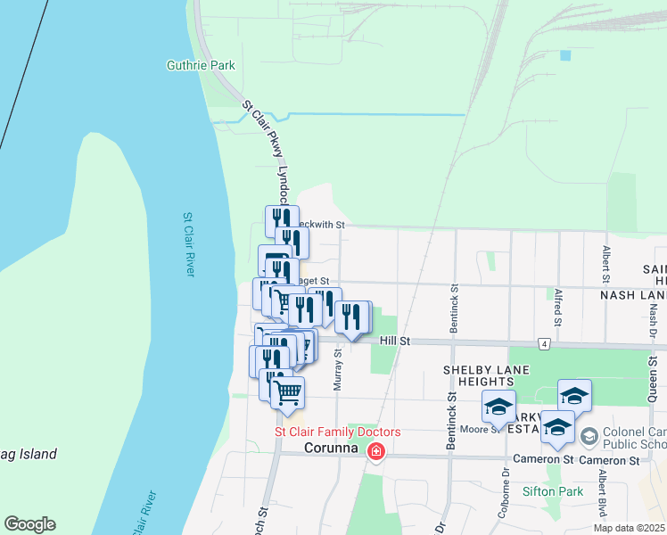 map of restaurants, bars, coffee shops, grocery stores, and more near 357 Murray Street in Corunna
