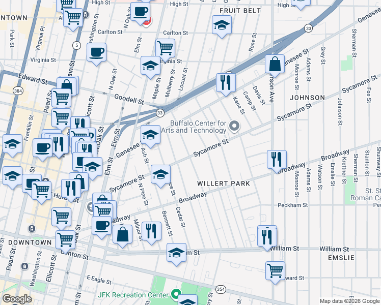 map of restaurants, bars, coffee shops, grocery stores, and more near 256 Sycamore Street in Buffalo