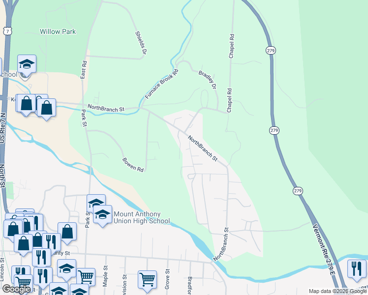 map of restaurants, bars, coffee shops, grocery stores, and more near 51 Mountain View Road in Bennington County