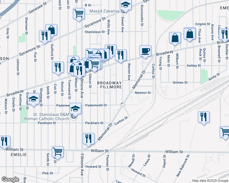 map of restaurants, bars, coffee shops, grocery stores, and more near 48 Sweet Avenue in Buffalo