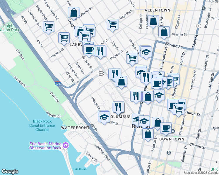 map of restaurants, bars, coffee shops, grocery stores, and more near 290 Niagara Street in Buffalo