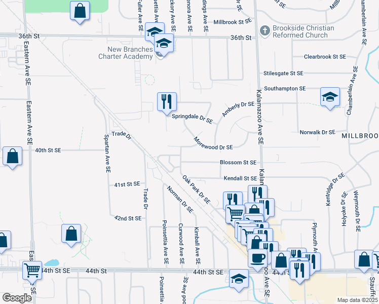 map of restaurants, bars, coffee shops, grocery stores, and more near 1344 Richwood Drive Southeast in Grand Rapids