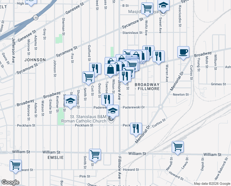 map of restaurants, bars, coffee shops, grocery stores, and more near 662 Fillmore Avenue in Buffalo