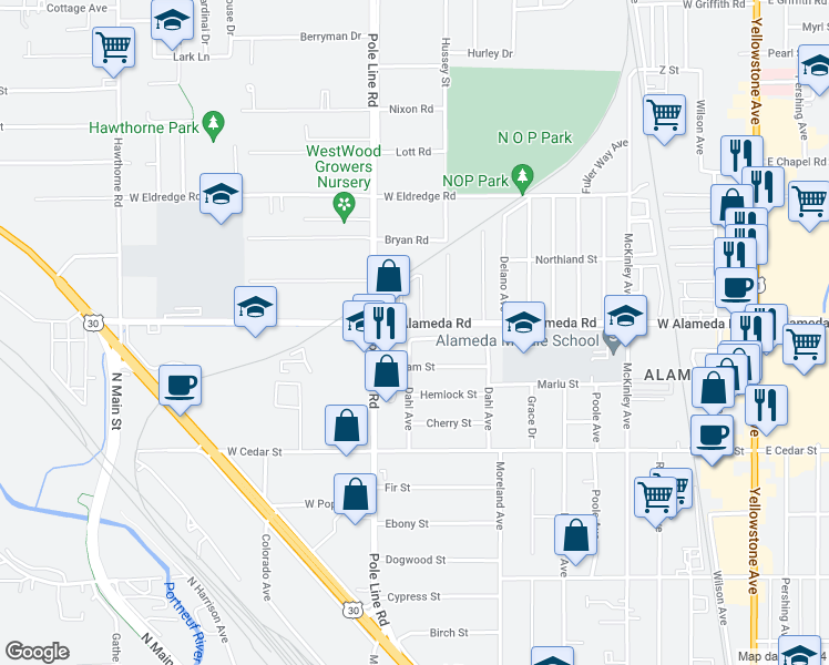 map of restaurants, bars, coffee shops, grocery stores, and more near 774 Myrtle Street in Pocatello