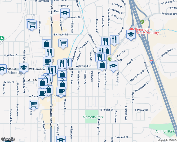 map of restaurants, bars, coffee shops, grocery stores, and more near 625 East Alameda Road in Pocatello
