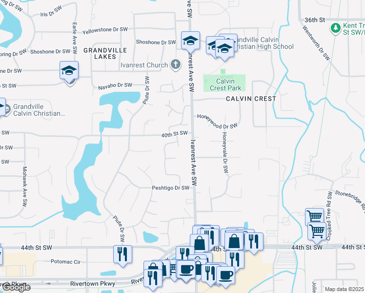 map of restaurants, bars, coffee shops, grocery stores, and more near 4066 Grandview Terrace Southwest in Grandville