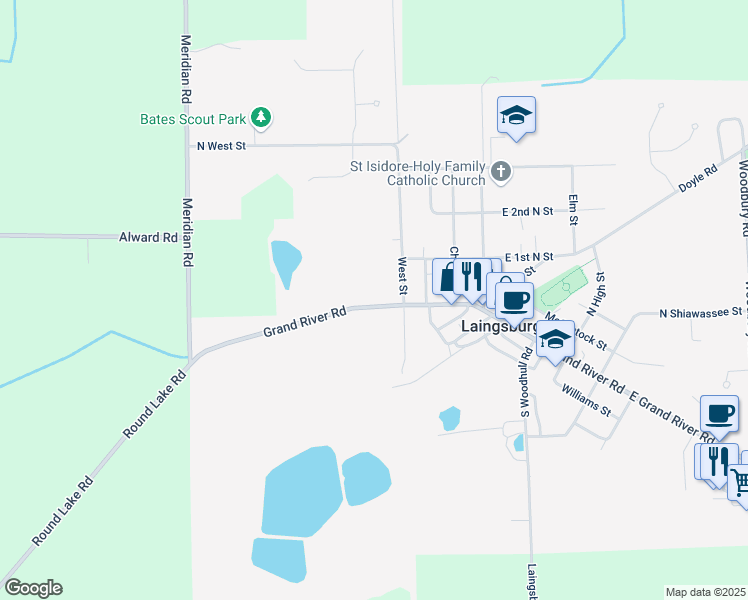 map of restaurants, bars, coffee shops, grocery stores, and more near 414 West Grand River Road in Laingsburg