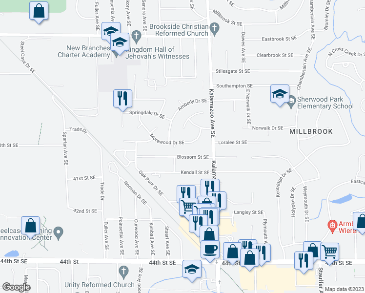 map of restaurants, bars, coffee shops, grocery stores, and more near 1462 Morewood Drive Southeast in Grand Rapids