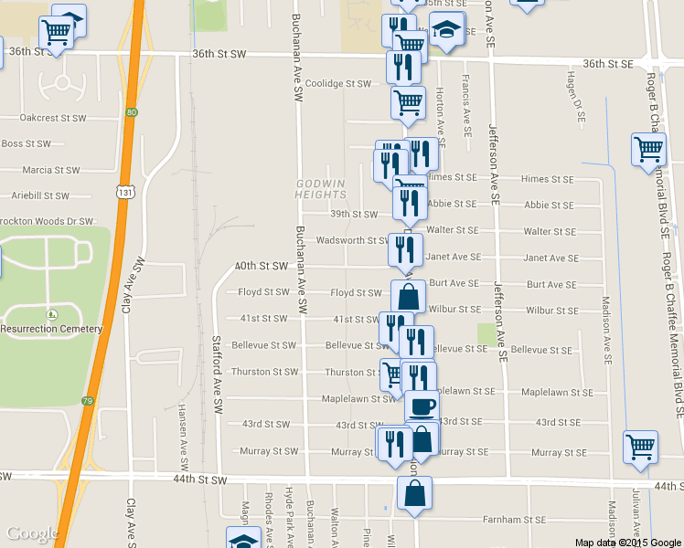 map of restaurants, bars, coffee shops, grocery stores, and more near 112 40th St SW in Grand Rapids