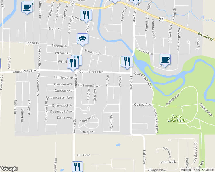 map of restaurants, bars, coffee shops, grocery stores, and more near Richmond Avenue & 4th Avenue in Lancaster