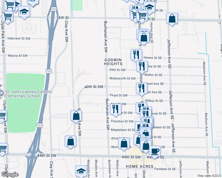 map of restaurants, bars, coffee shops, grocery stores, and more near 146 40th Street Southwest in Grand Rapids