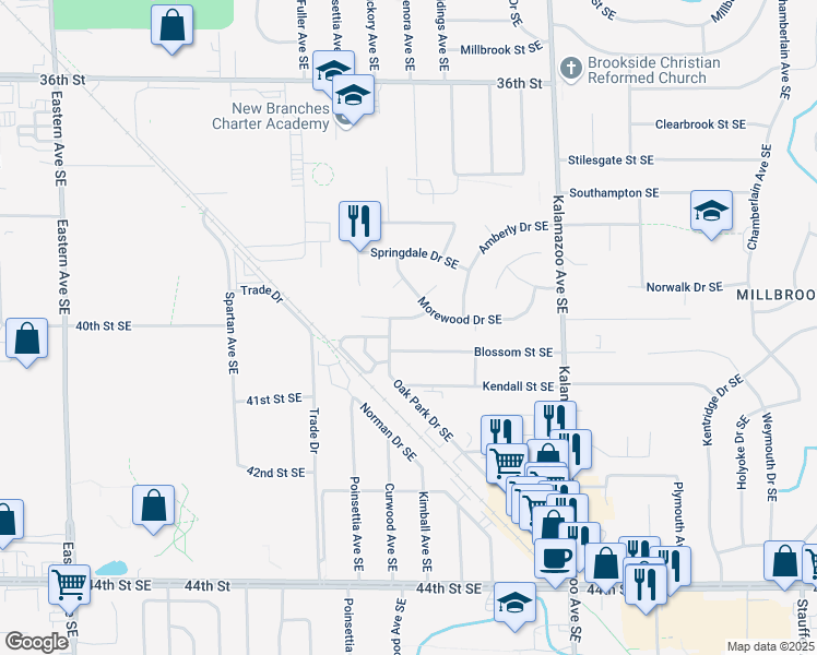 map of restaurants, bars, coffee shops, grocery stores, and more near 1344 Richwood Drive Southeast in Grand Rapids
