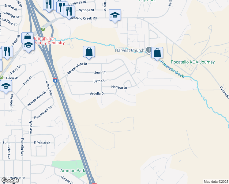 map of restaurants, bars, coffee shops, grocery stores, and more near 2010 Ardella Drive in Pocatello