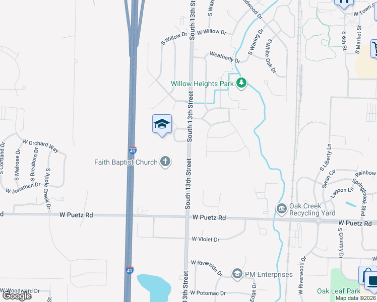 map of restaurants, bars, coffee shops, grocery stores, and more near 8461 South 13th Street in Oak Creek