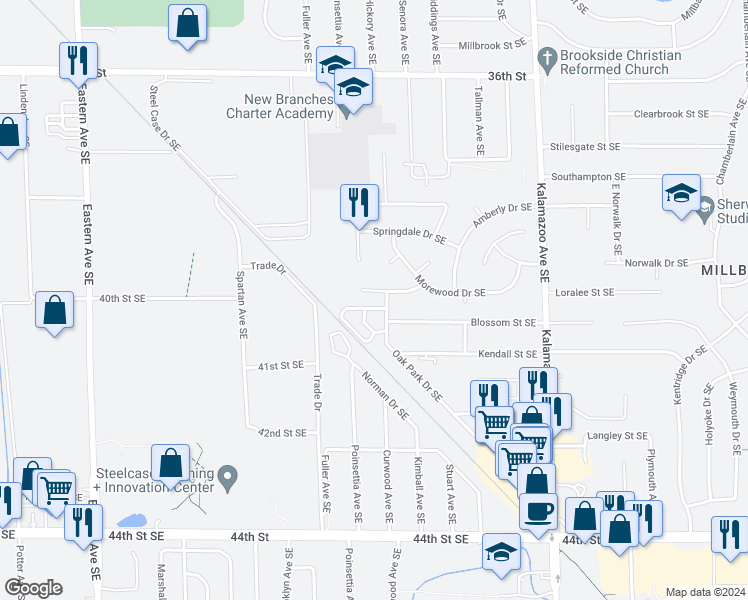 map of restaurants, bars, coffee shops, grocery stores, and more near 1240 Richwood Drive Southeast in Grand Rapids