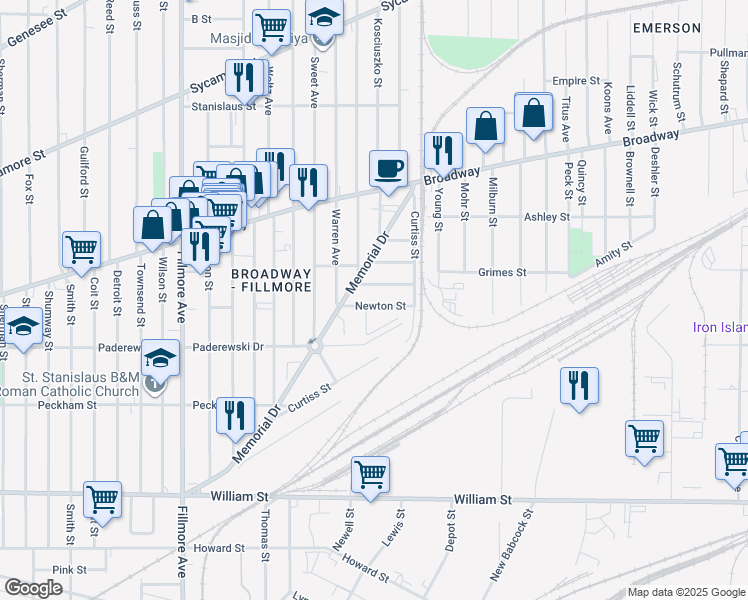 map of restaurants, bars, coffee shops, grocery stores, and more near 30 Newton Street in Buffalo
