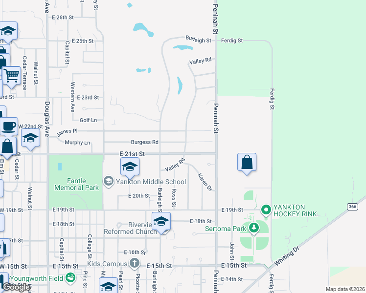map of restaurants, bars, coffee shops, grocery stores, and more near 2101 Valley Road in Yankton