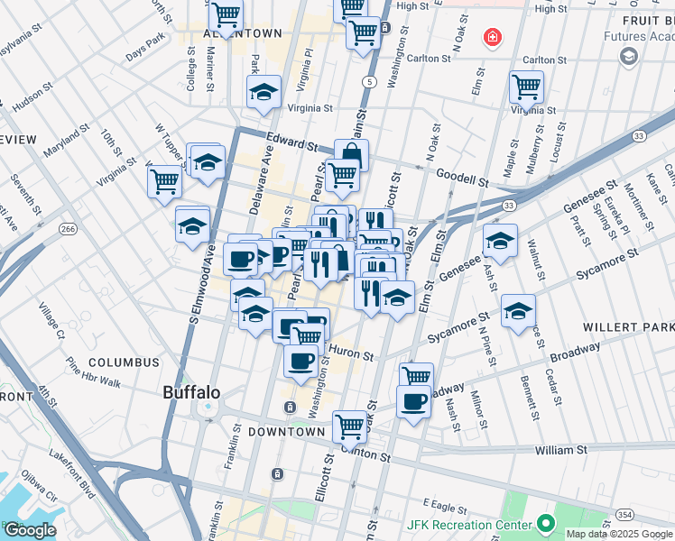map of restaurants, bars, coffee shops, grocery stores, and more near 639 Main Street in Buffalo