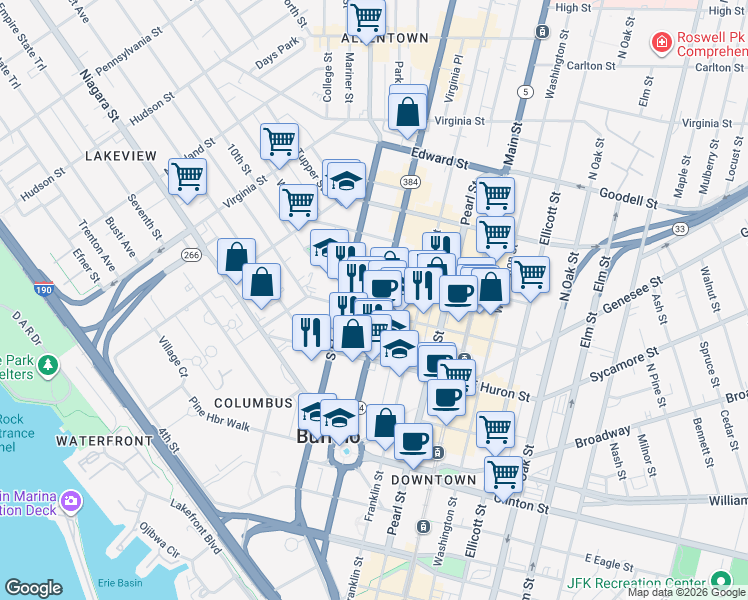 map of restaurants, bars, coffee shops, grocery stores, and more near 250 Delaware Avenue in Buffalo