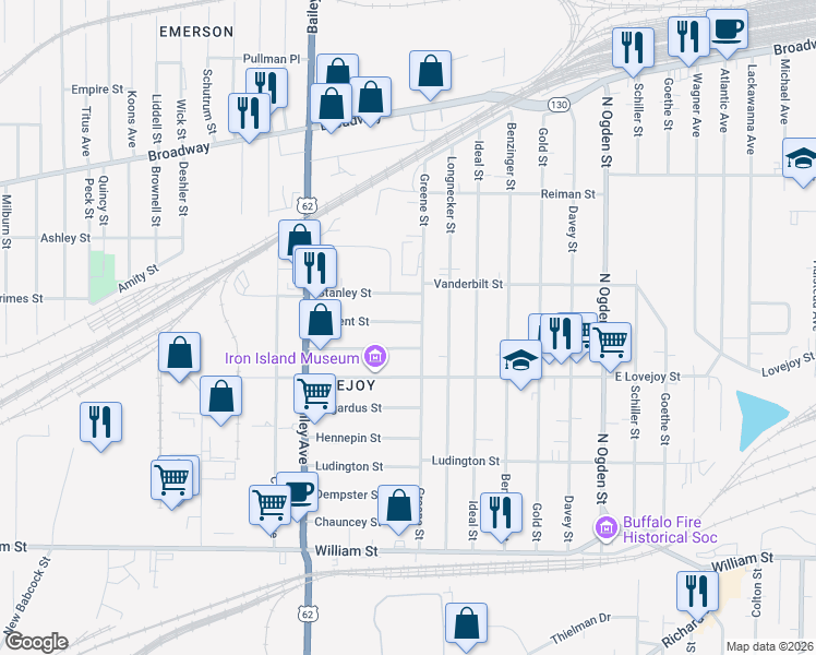 map of restaurants, bars, coffee shops, grocery stores, and more near 105 Regent Street in Buffalo