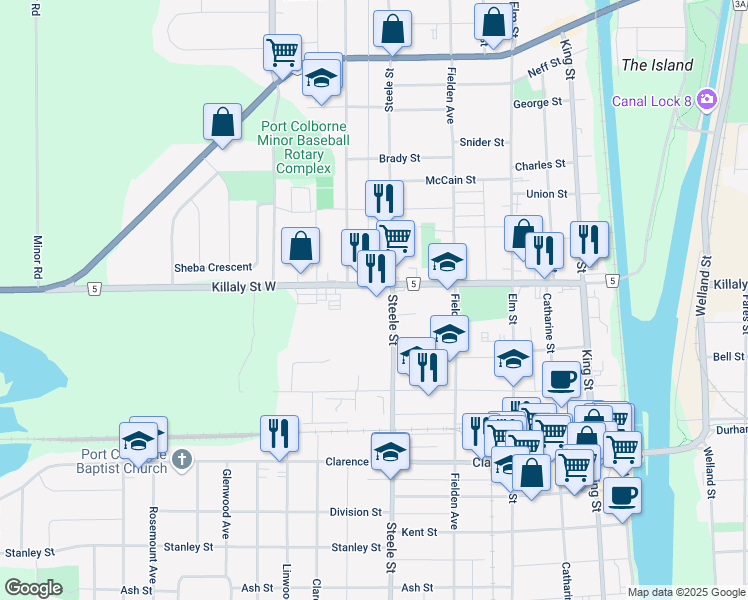 map of restaurants, bars, coffee shops, grocery stores, and more near 258 Killaly Street West in Port Colborne