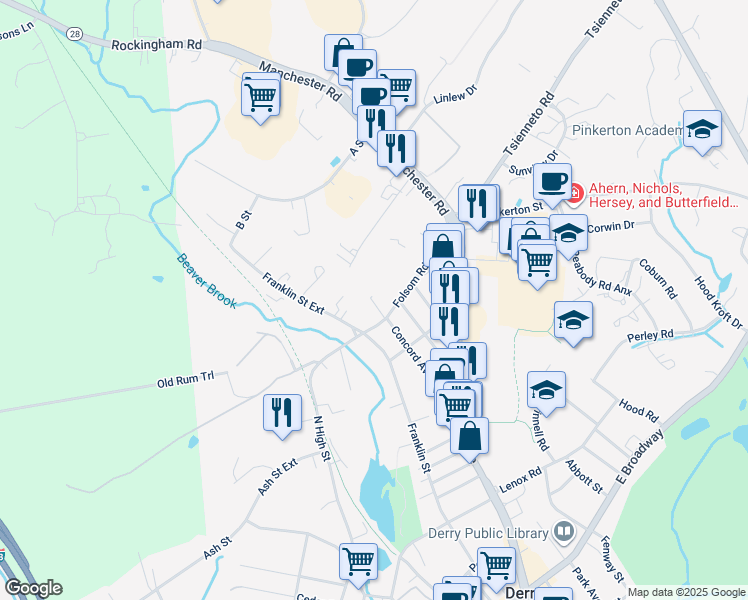map of restaurants, bars, coffee shops, grocery stores, and more near 6 Folsom Road in Derry