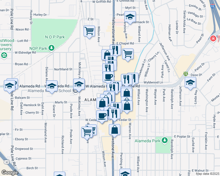 map of restaurants, bars, coffee shops, grocery stores, and more near 883 Yellowstone Avenue in Pocatello