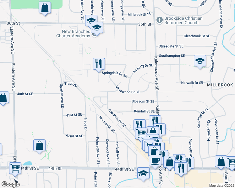 map of restaurants, bars, coffee shops, grocery stores, and more near 1344 Richwood Drive Southeast in Grand Rapids
